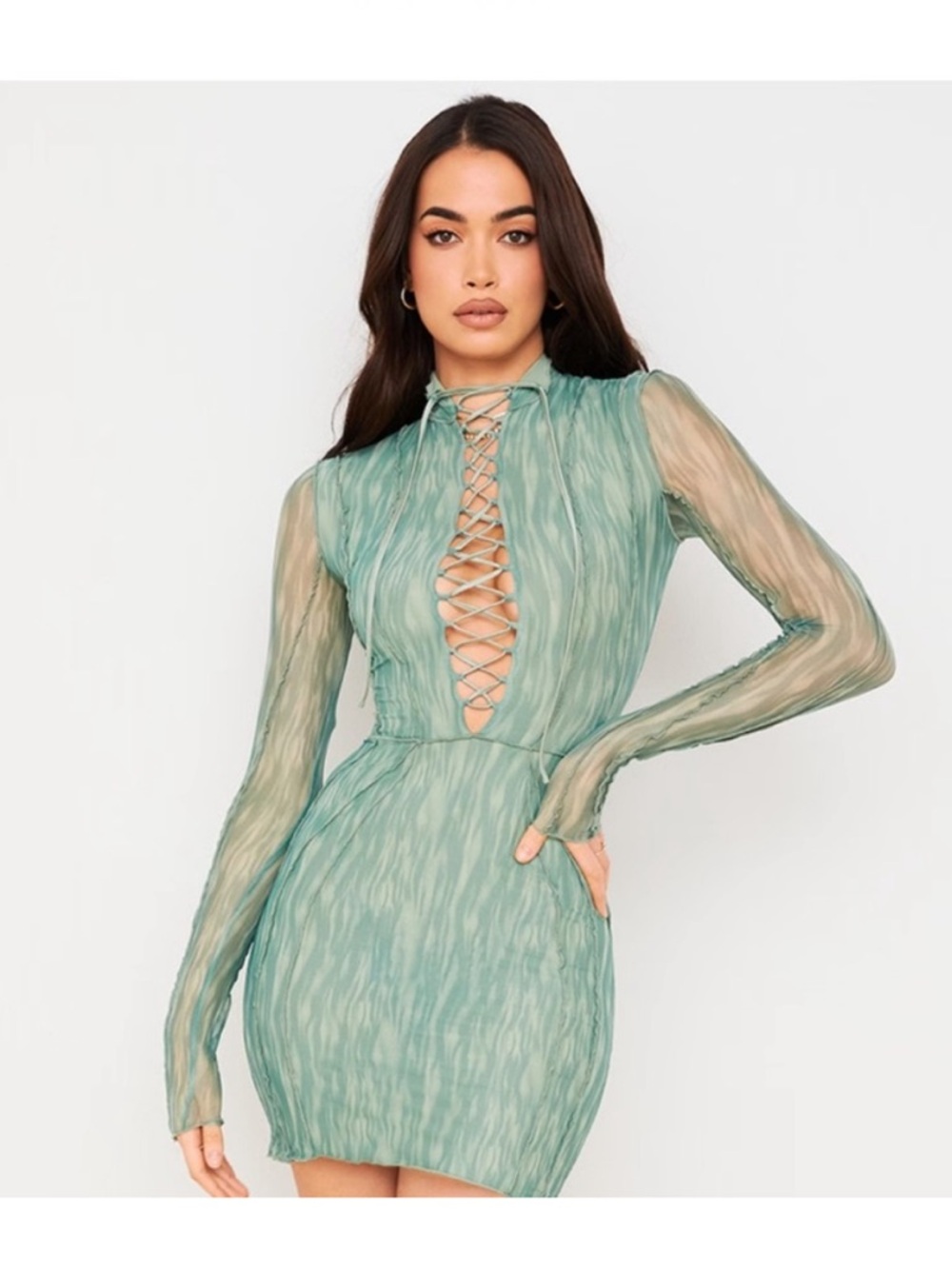 House of CB Dylan IVY Lace-Up Long Sleeve Mini Dress in Sage